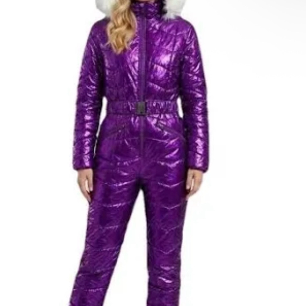 Purple Quilted Snowsuit with Fur Hood